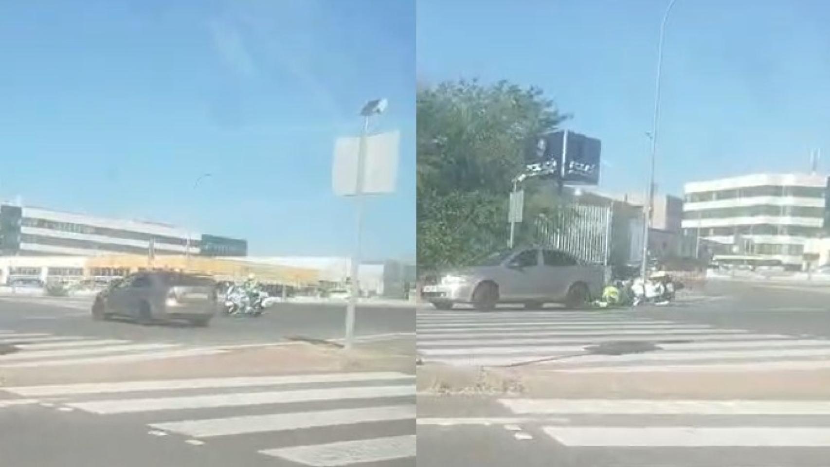 El conductor arrollando con su coche a un motorista de la Agrupación de Tráfico de la Guardia Civil.