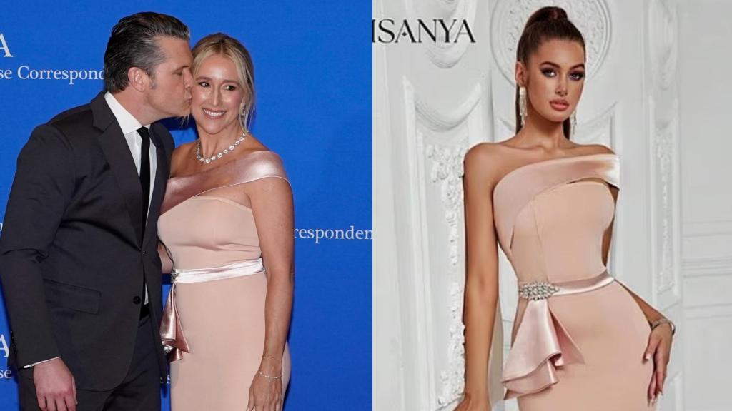 Jennifer Rauchet y su marido Pete Hegseth en la cena de corresponsales de la Casa Blanca (izq) y un vestido similar al que llevó vendido en plataformas como Temu o Shein (dcha).