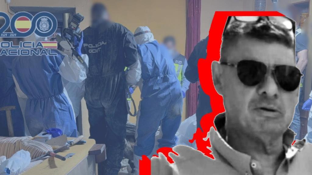 La imagen de Jesús Tavira sobre la de la Policía Nacional buscando su cuerpo en la casa de Bacarot.