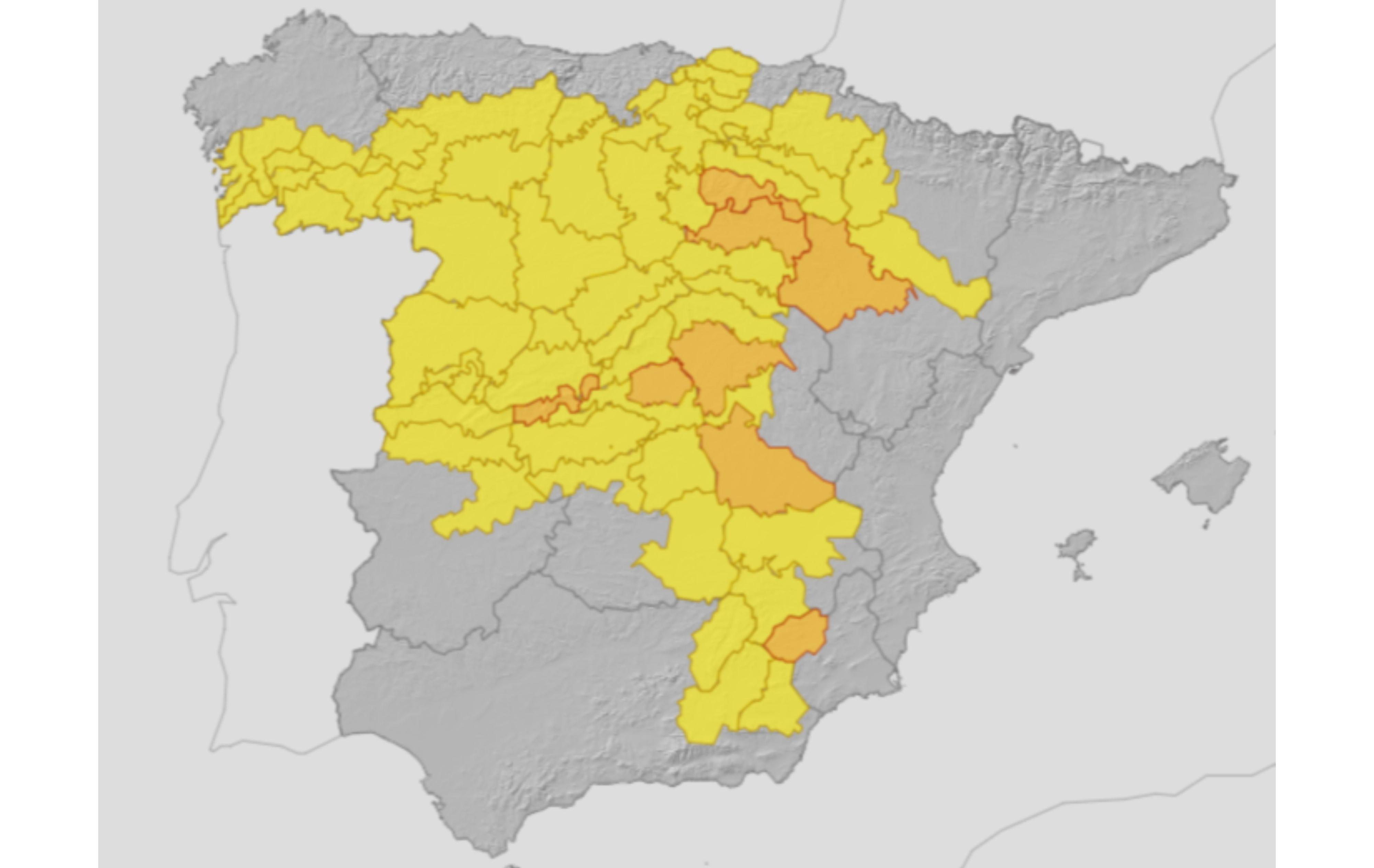 Mapa de avisos de la Aemet en España, 29 de abril