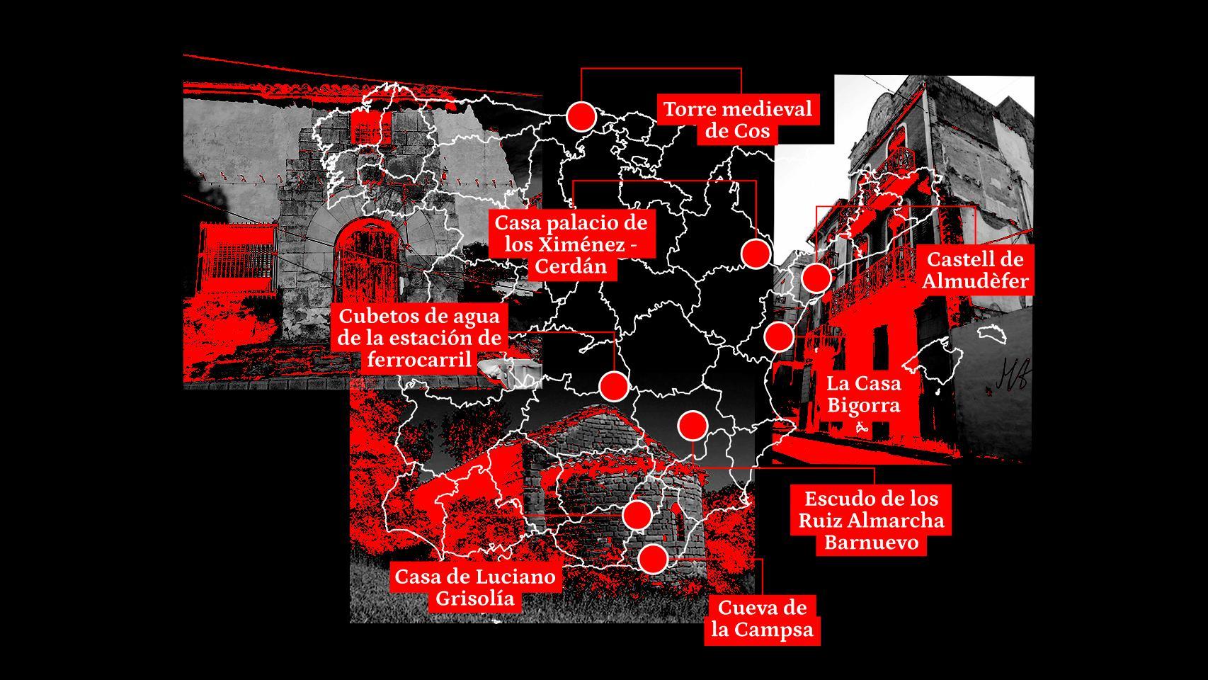 Infografía de los monumentos españoles amenazados por el deterioro, según la catalogación de Hispania Nostra. Diseño: Arte EE