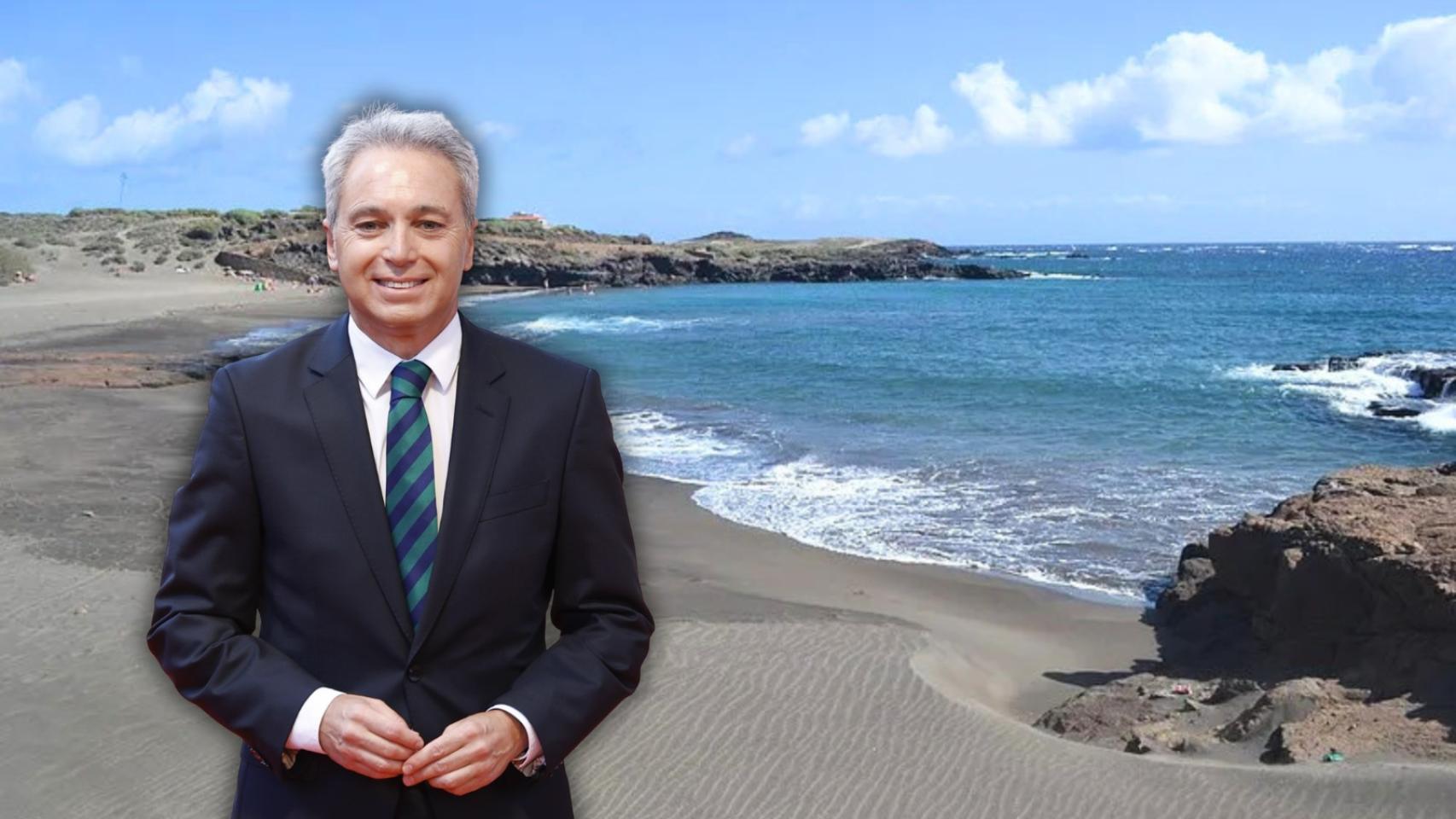 Vicente Vallés y la playa del Papagayo, en la isla de Tenerife, en un montaje.