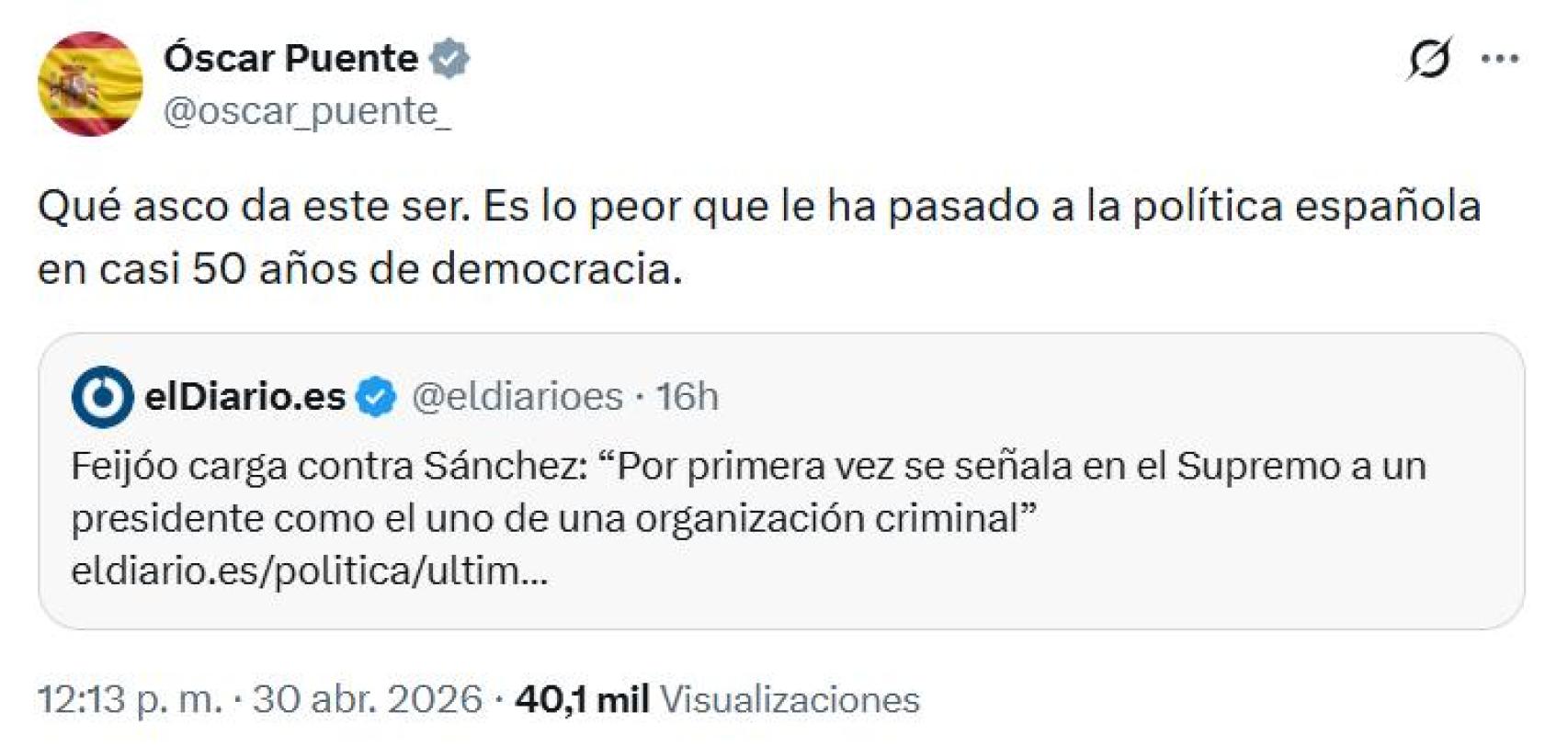El tuit publicado este jueves por el ministro Óscar Puente, en el que carga contra Feijóo.