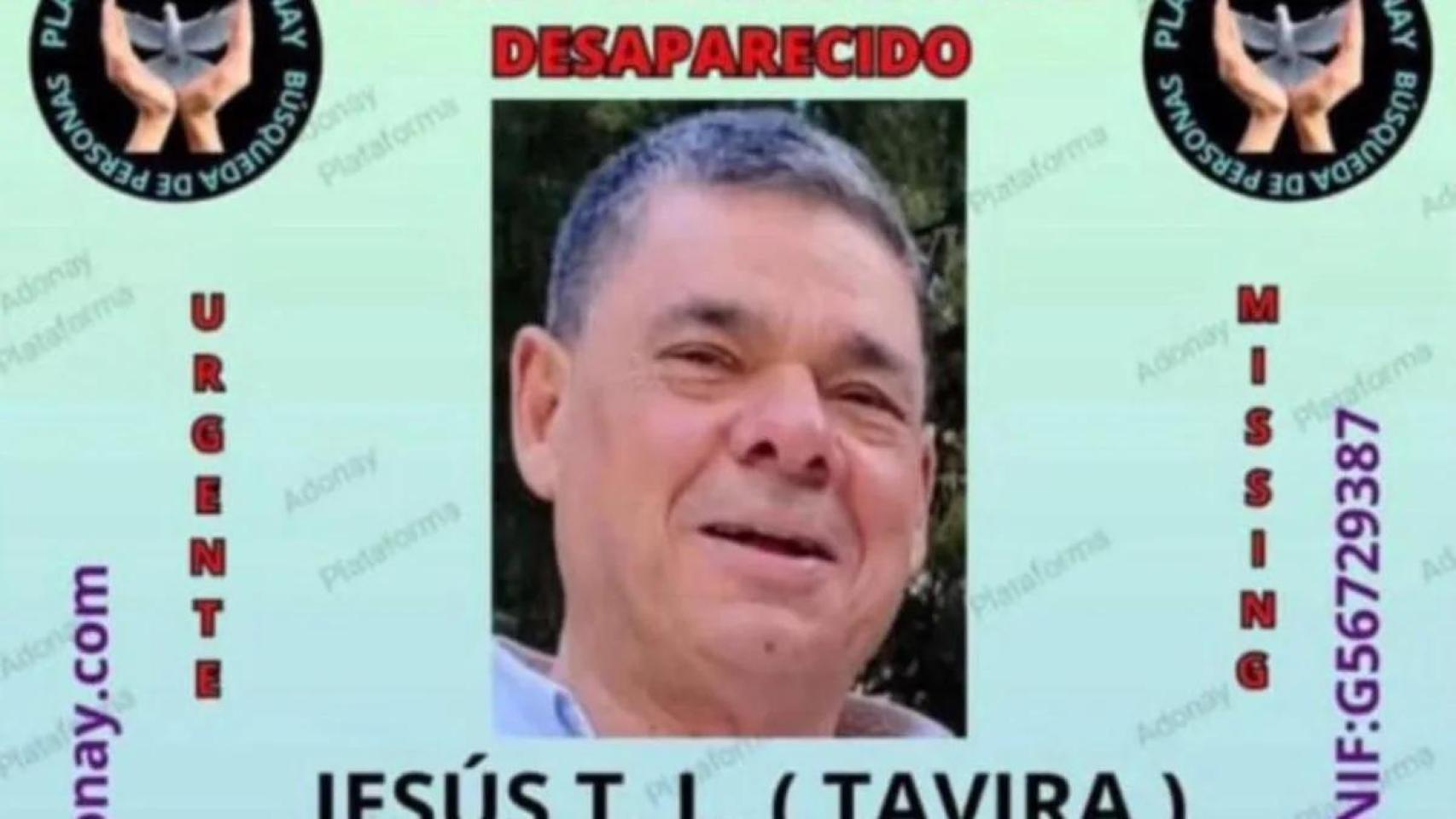El difunto empresario Jesús Tavira en su cartel denunciando su desaparición en la Plataforma Adonay Desaparecido.