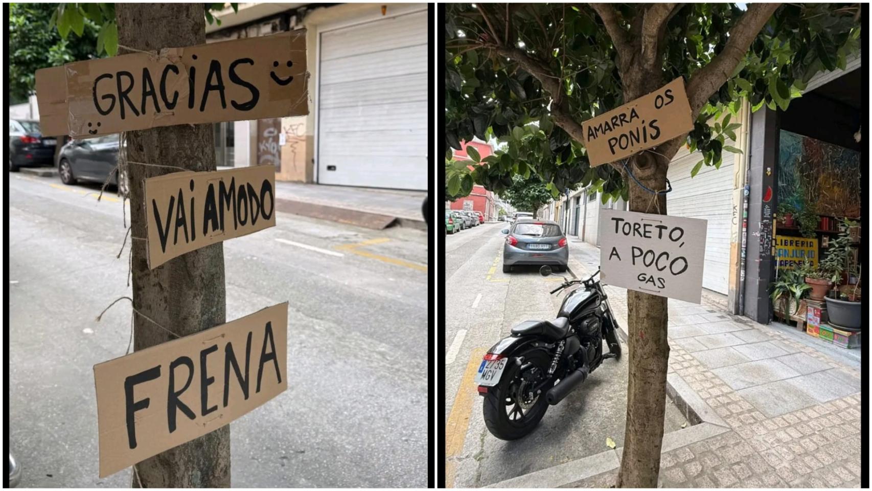 Carteles en la calle de la Merced, en A Coruña, pidiendo a los coches reducir velocidad