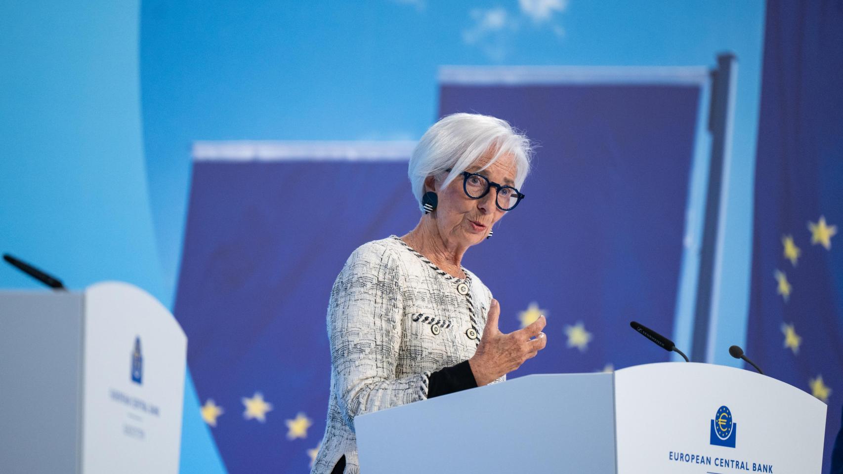 La presidenta del BCE, Christine Lagarde, durante la rueda de prensa de este jueves en Fráncfort