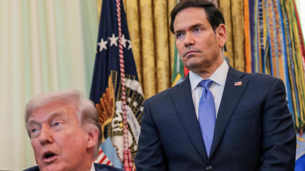 El Secretario de Estado de EEUU, Marco Rubio, durante una rueda de prensa de Donald Trump en el Despacho Oval.