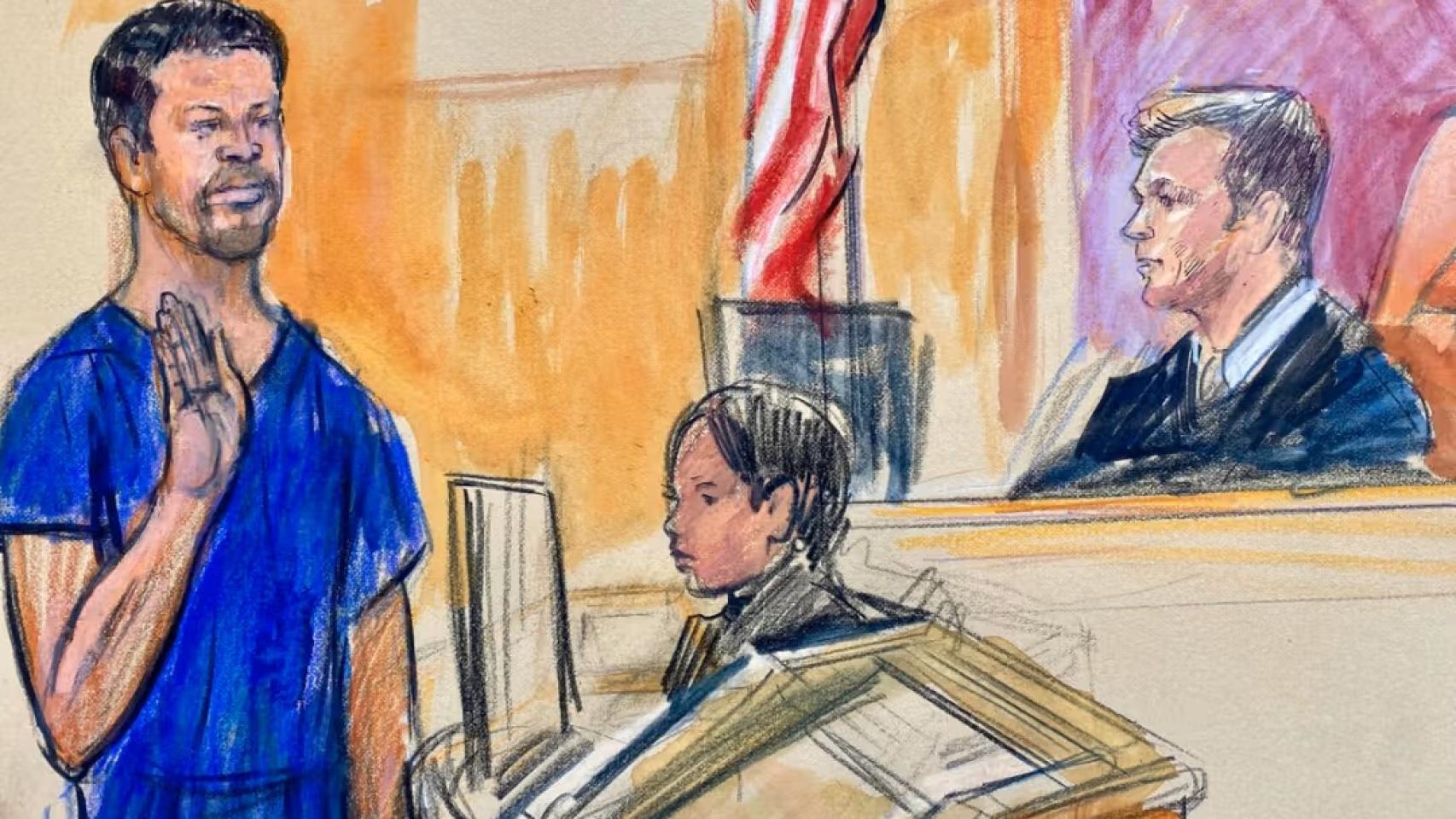 Este boceto judicial muestra a Cole Tomas Allen, a la izquierda, el hombre de California arrestado por intento de magnicidio contra Trump durante la Cena de Corresponsales, durante una audiencia en un tribunal federal el pasado lunes.