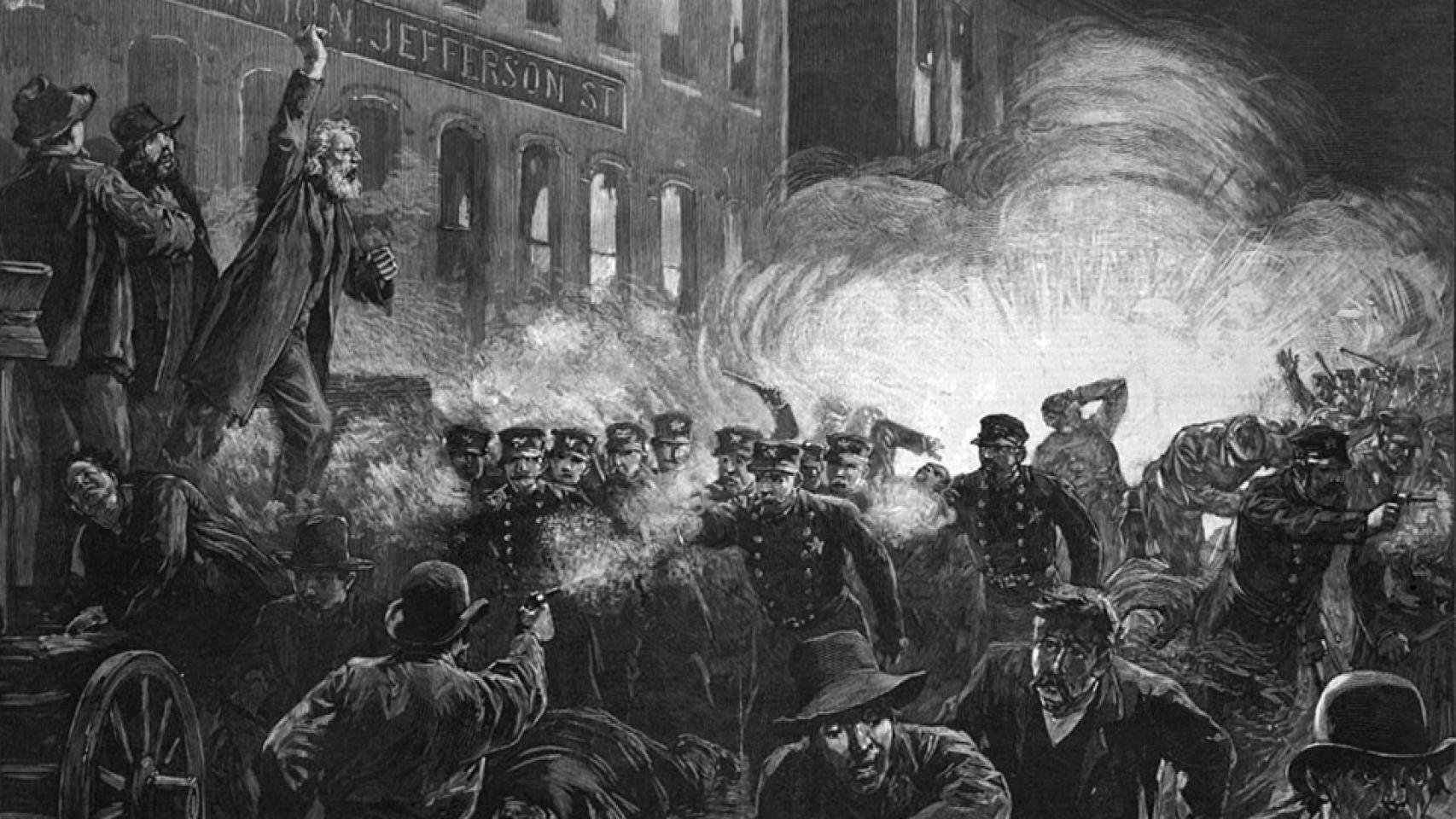 Grabado que representa la explosión de una bomba entre la policía durante los disturbios anarquistas de Chicago el 3 de mayo de 1886. Realizado por Thure de Thulstrup y publicado en 'Harper's Weekly' el 15 de mayo de 1886.