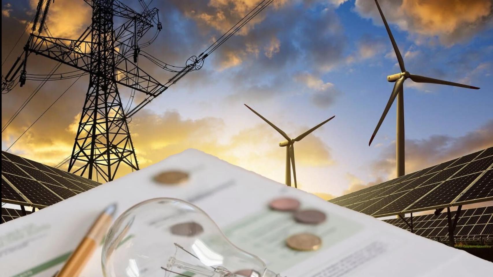Fotomontaje de una factura de la luz con el fondo de renovables y redes eléctricas de alta tensión.