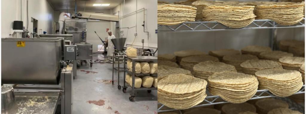 El interior de la fábrica de Maíz Maya donde hacen la nixtamalización y las tortillas recién hechas.