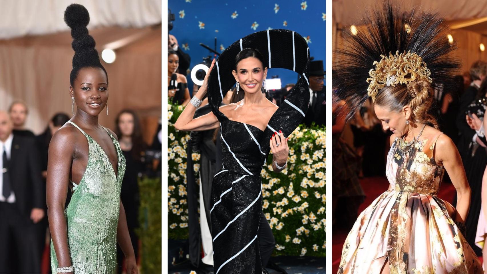 En el 'collage', Lupita Nyong'o en 2016; Demi Moore a su llegada al evento en 2025; y Sarah Jessica Parker en 2013.