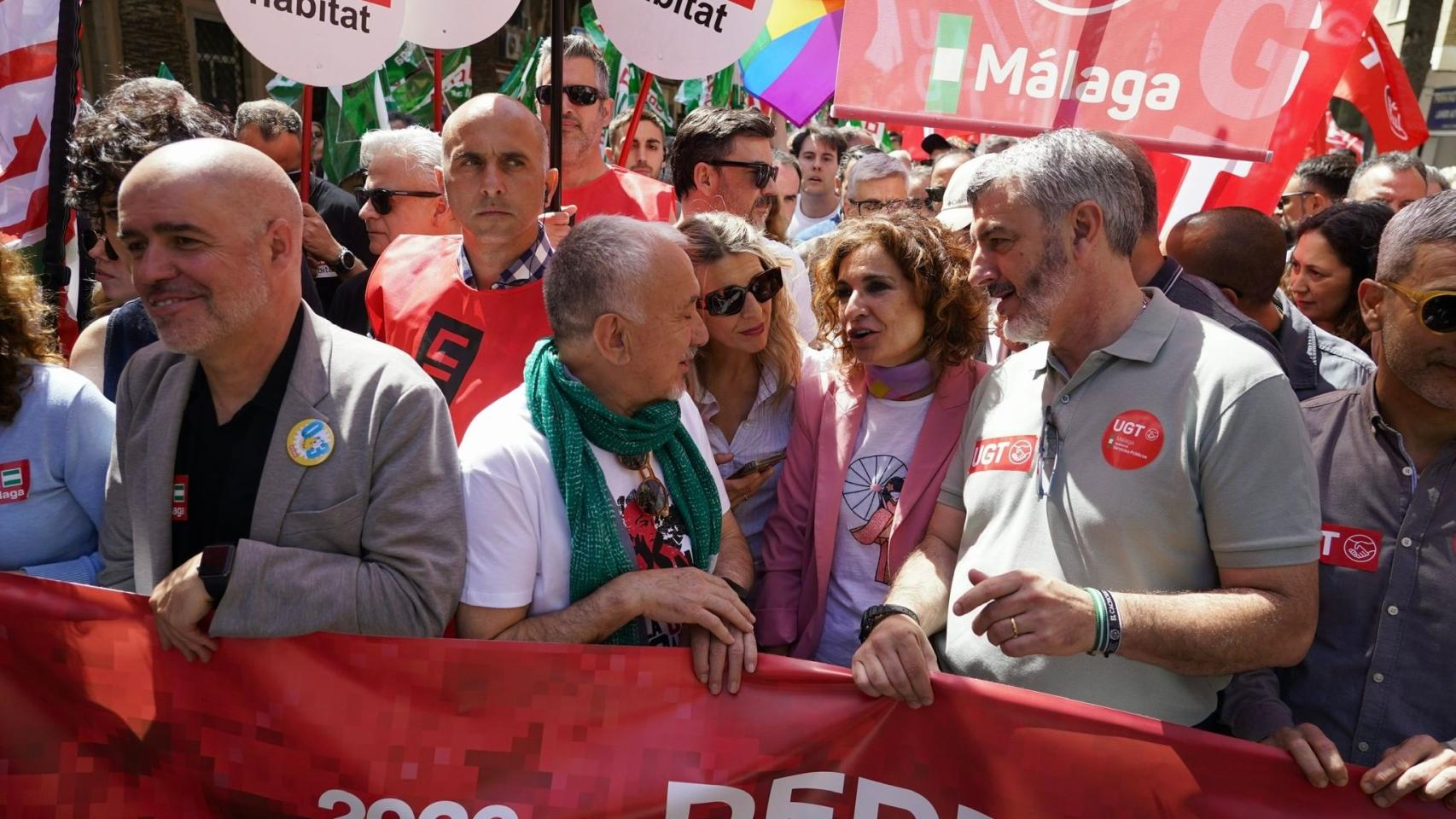 Unai Sordo, Pepe Álvarez, Yolanda Díaz y María Jesús Montero, en la manifestación del 1 de Mayo en Málaga.