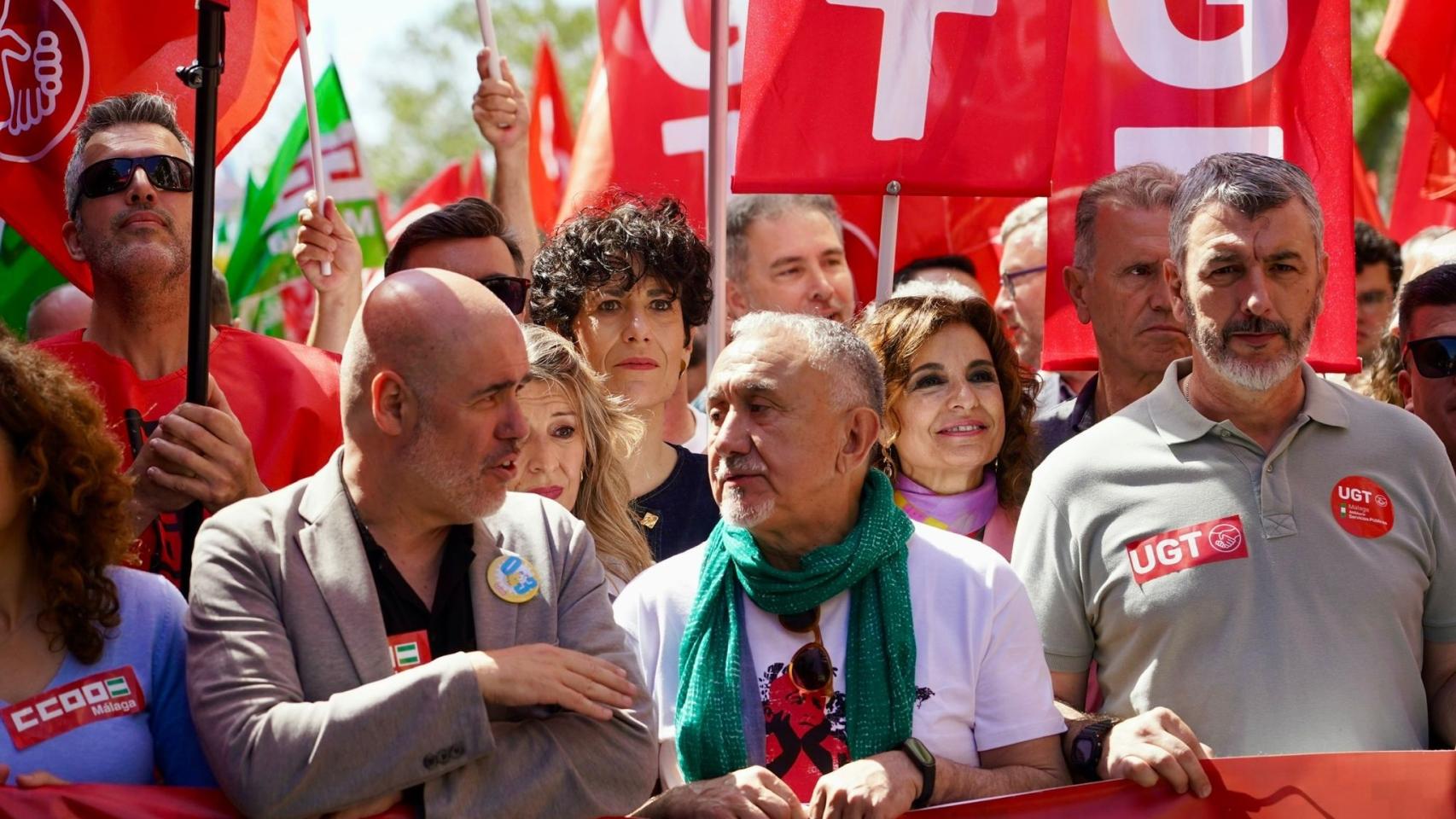 Unai Sordo, Pepe Álvarez, Yolanda Díaz, Elma Saiz y María Jesús Montero, en Málaga.