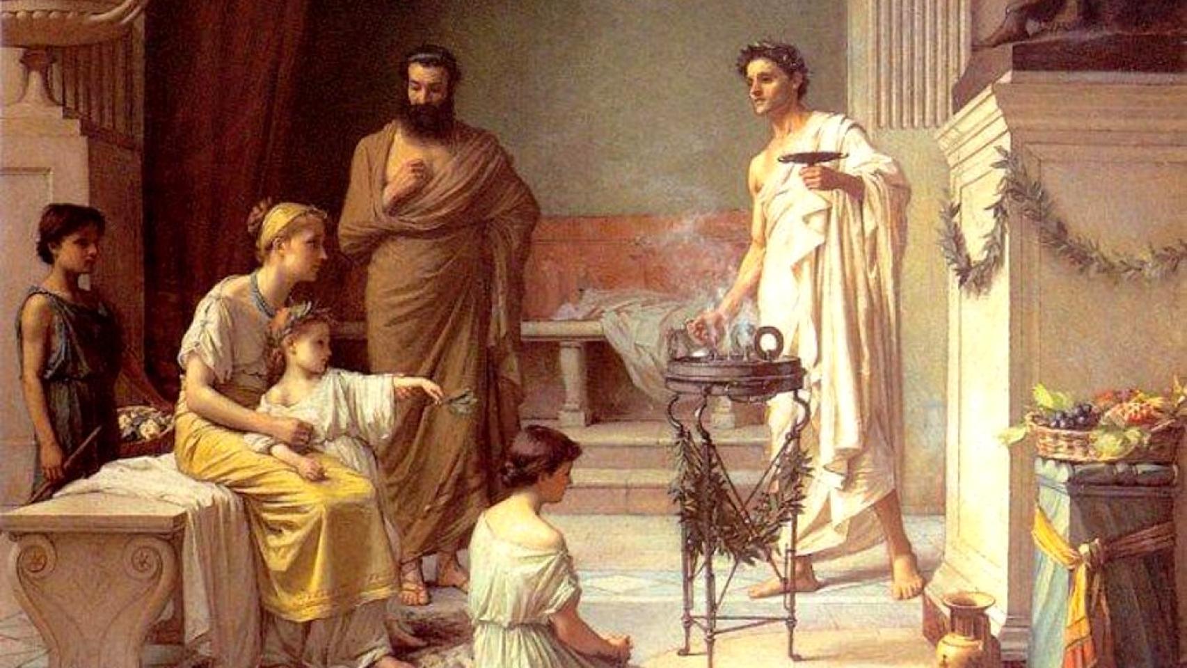 John William Waterhouse: 'Un niño enfermo traído al templo de Asclepio', 1877