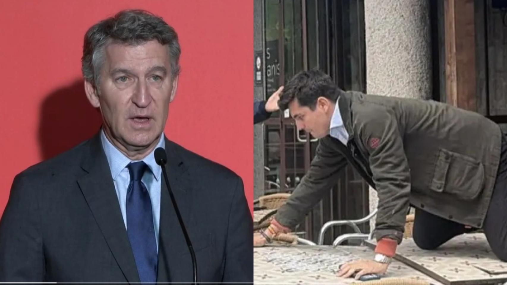 El líder del PP, Alberto Núñez Feijóo, y el periodista Vito Quiles, al abandonar el jueves a gatas el restaurante 'EsPanis' de Torrelodones.