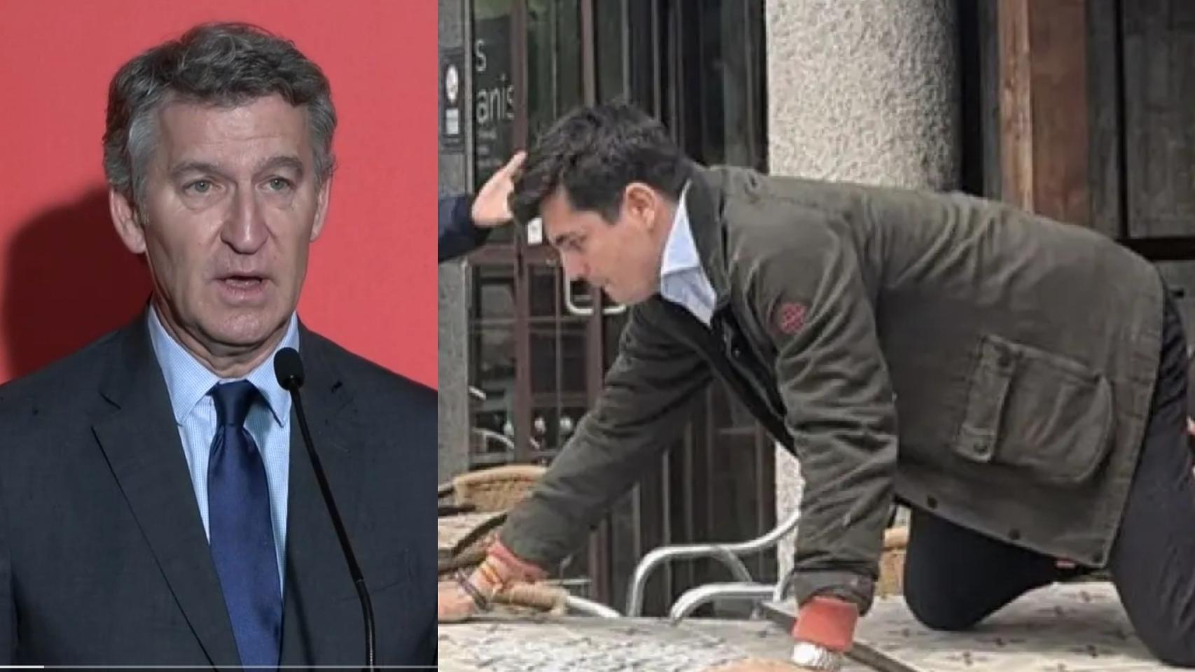 El líder del PP, Alberto Núñez Feijóo, y el periodista Vito Quiles, al abandonar el jueves a gatas el restaurante 'EsPanis' de Torrelodones.