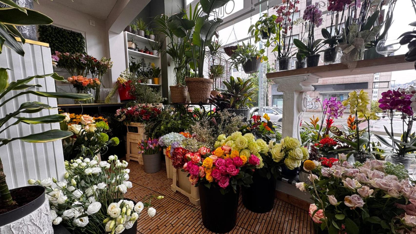 Escaparate de la Floristería Tres Olivos, en Vigo