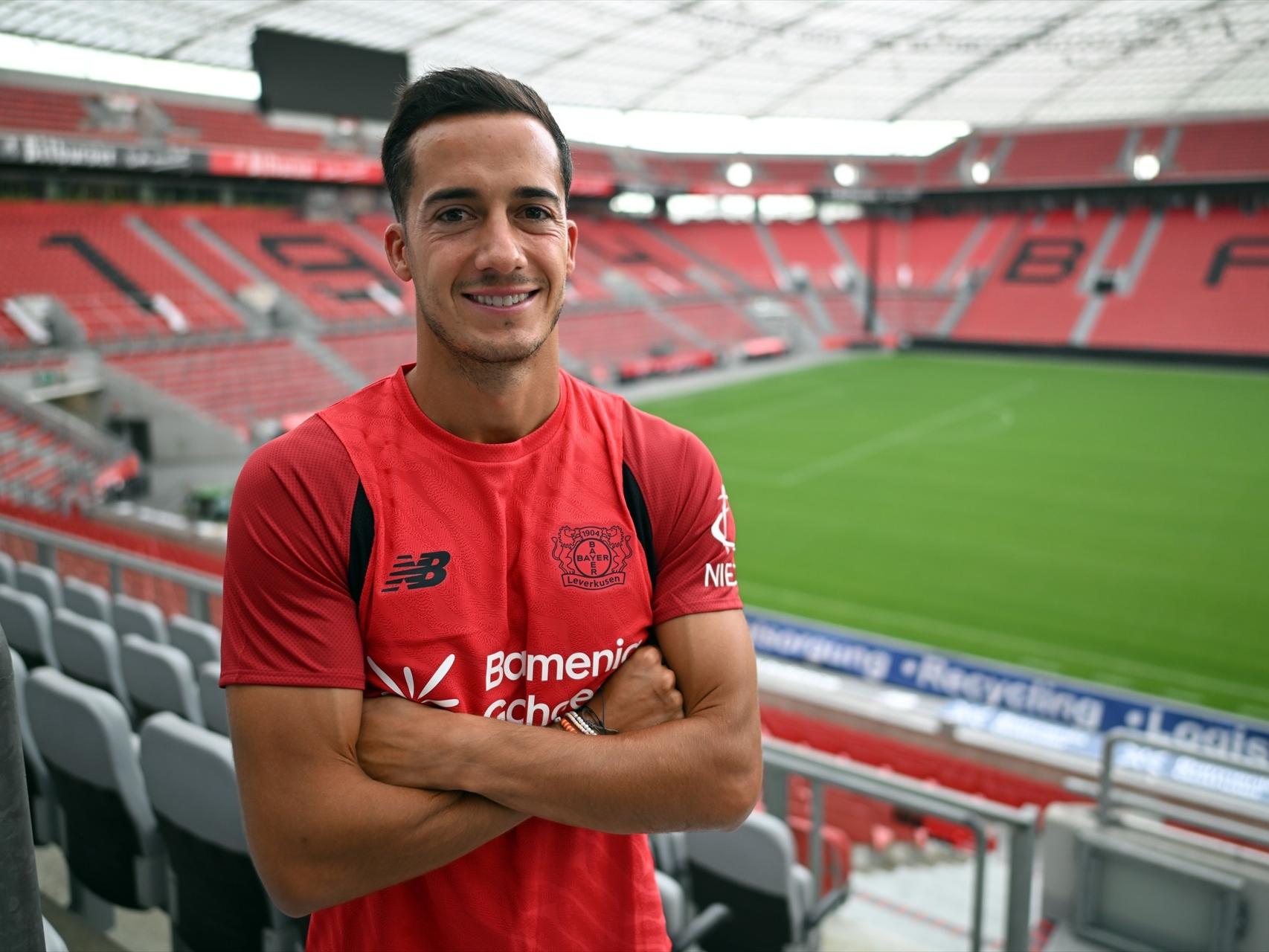 Lucas Vázquez, en su presentación como jugador del Bayer Leverkusen.