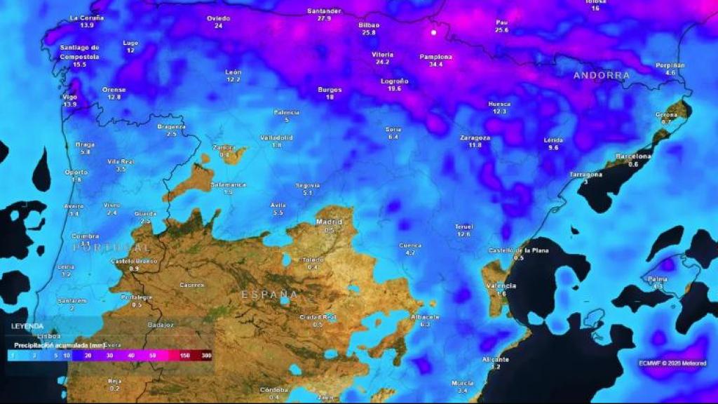 Acumulados de lluvia a las 0 horas del martes. Foto: Meteored.