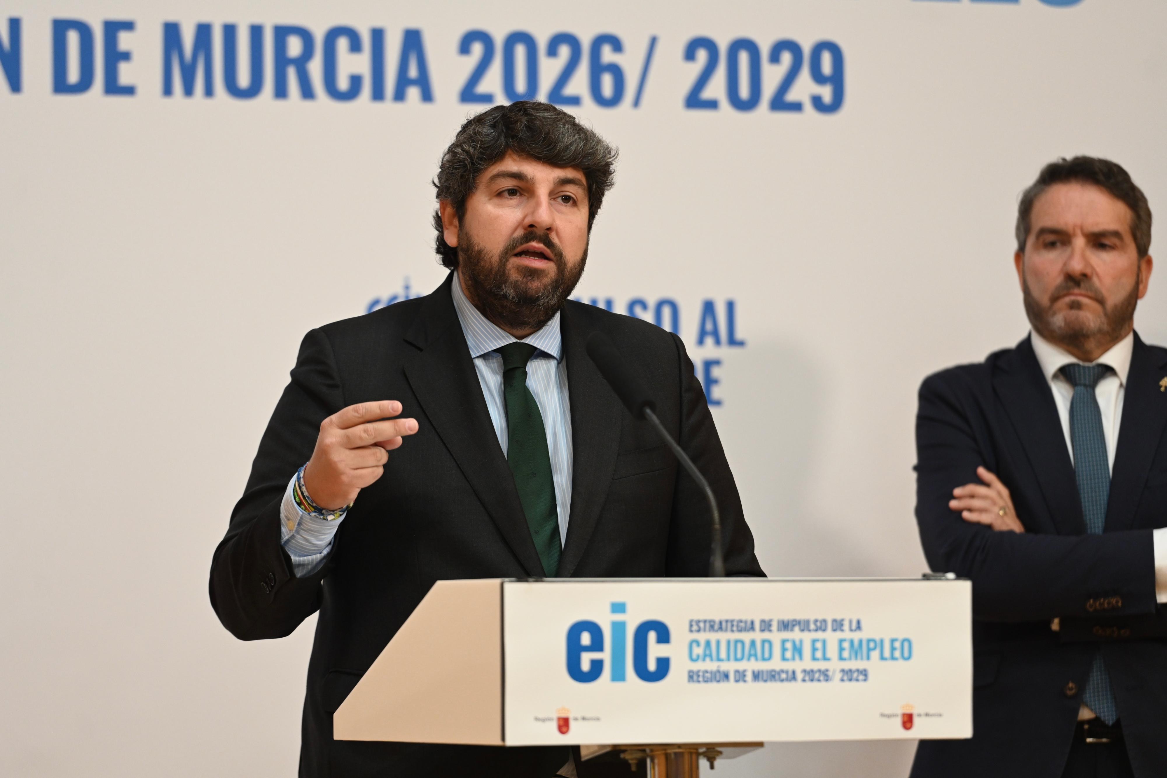 El presidente de la Región de Murcia, Fernando López Miras, durante la presentación de la Estrategia Regional de Impulso de la Calidad en el Empleo 2026-2029