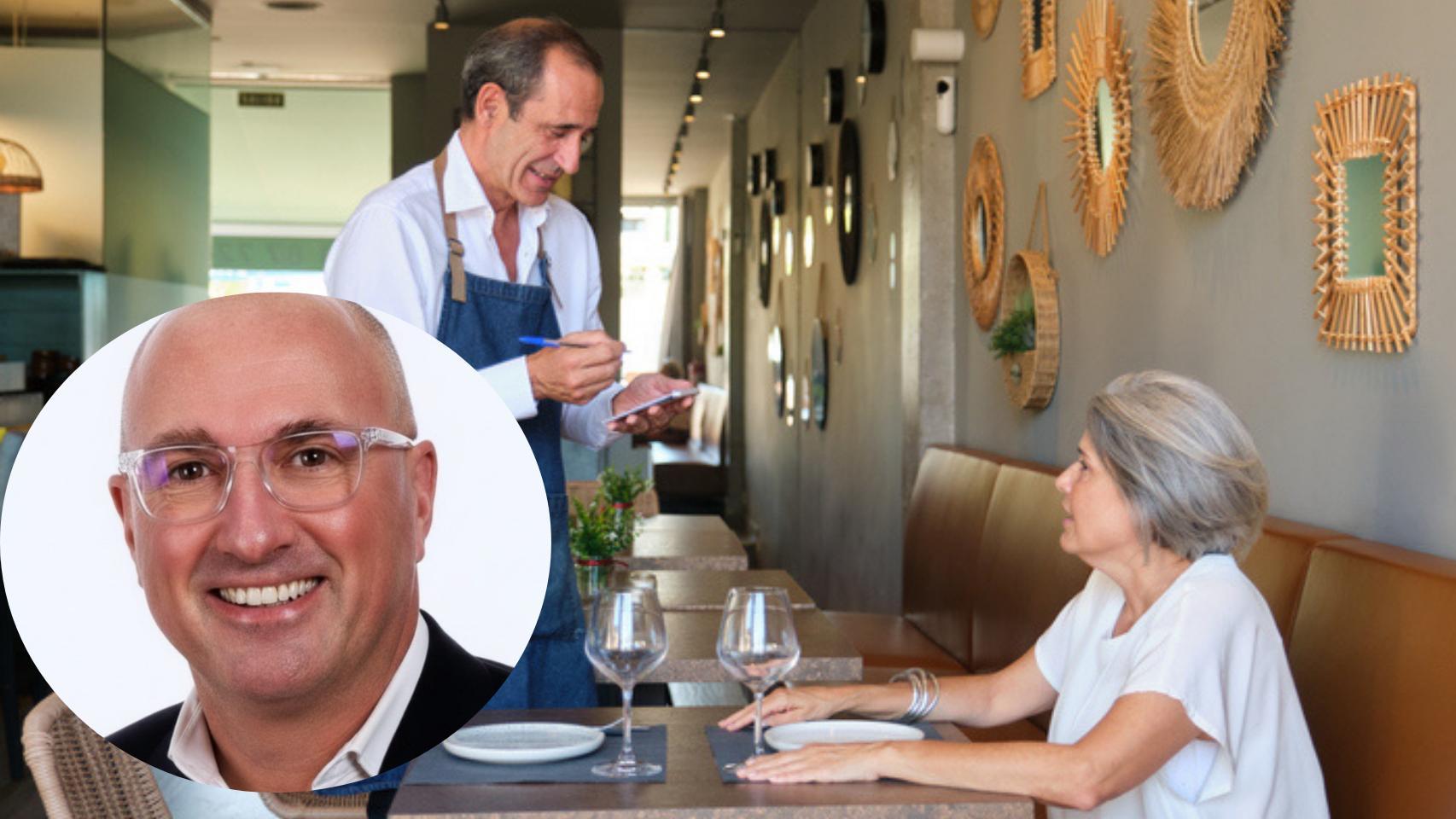 Montaje de Javier Pérez de Leza con un camarero tomando nota a un cliente (istock).