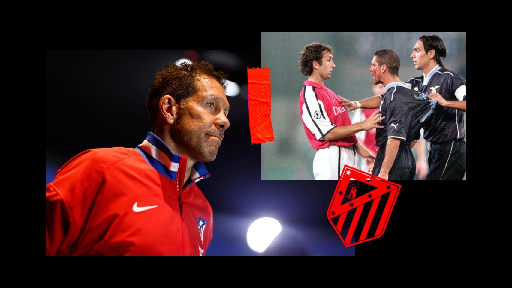 Montaje de Simeone como entrenador del Atlético de Madrid junto a momento en el que fue agredido con la Lazio.
