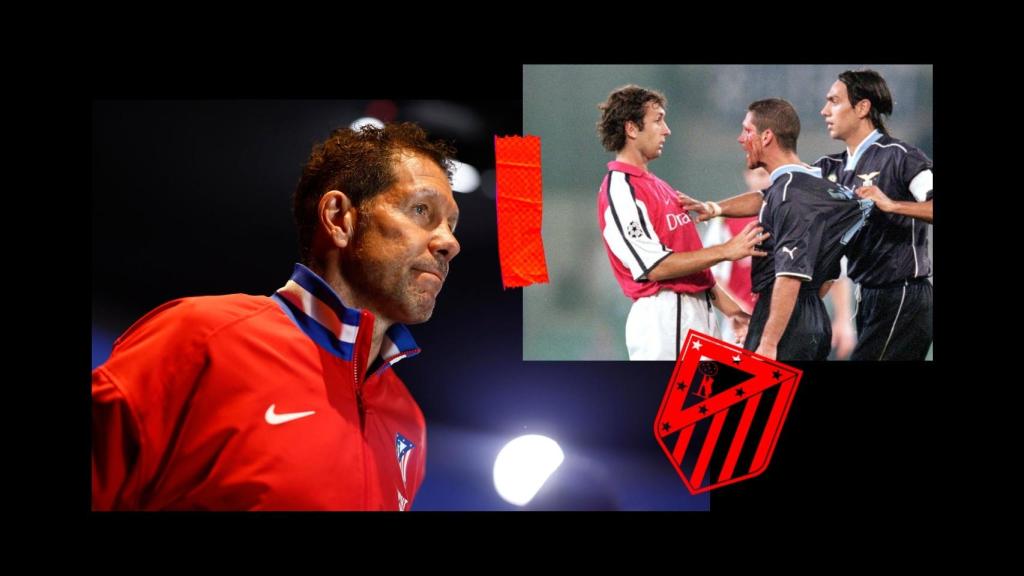 Montaje de Simeone como entrenador del Atlético de Madrid junto a momento en el que fue agredido con la Lazio.