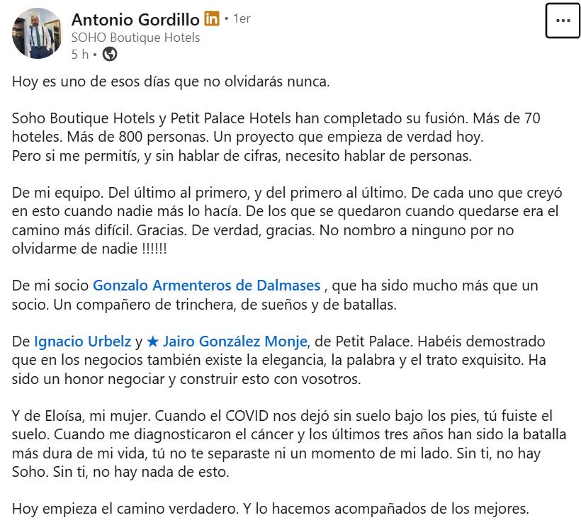 Mensaje en Linkedin de Antonio Gordillo, CEO de Soho Boutique Hotels.