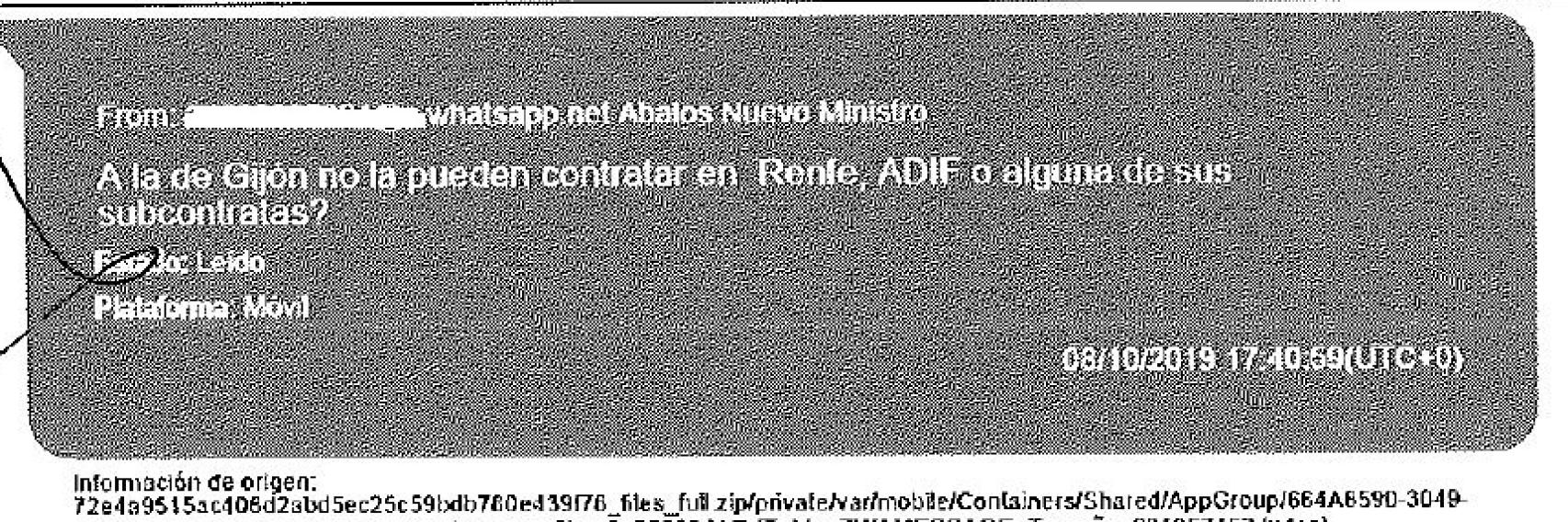 Mensaje de Ábalos a su asistente para que buscara un trabajo a Claudia Montes./