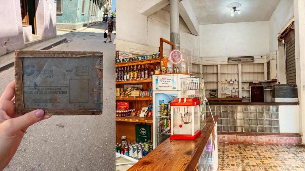 A la izquierda, la libreta de abastecimiento, el cuaderno de racionamiento creado por el Gobierno de Cuba que controla la distribución mensual de alimentos básicos subsidiados a la población. A la derecha, la mipyme en la que trabaja Zuraymis, dentro de una bodega estatal.