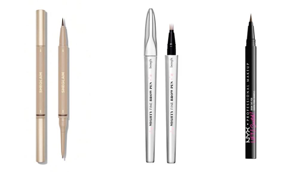 Lápiz para cejas 2 en 1 de SHEGLAM, Mighty Fine Brow Pen de Benefit y Lápiz de cejas Lift & Snatch de NYX.
