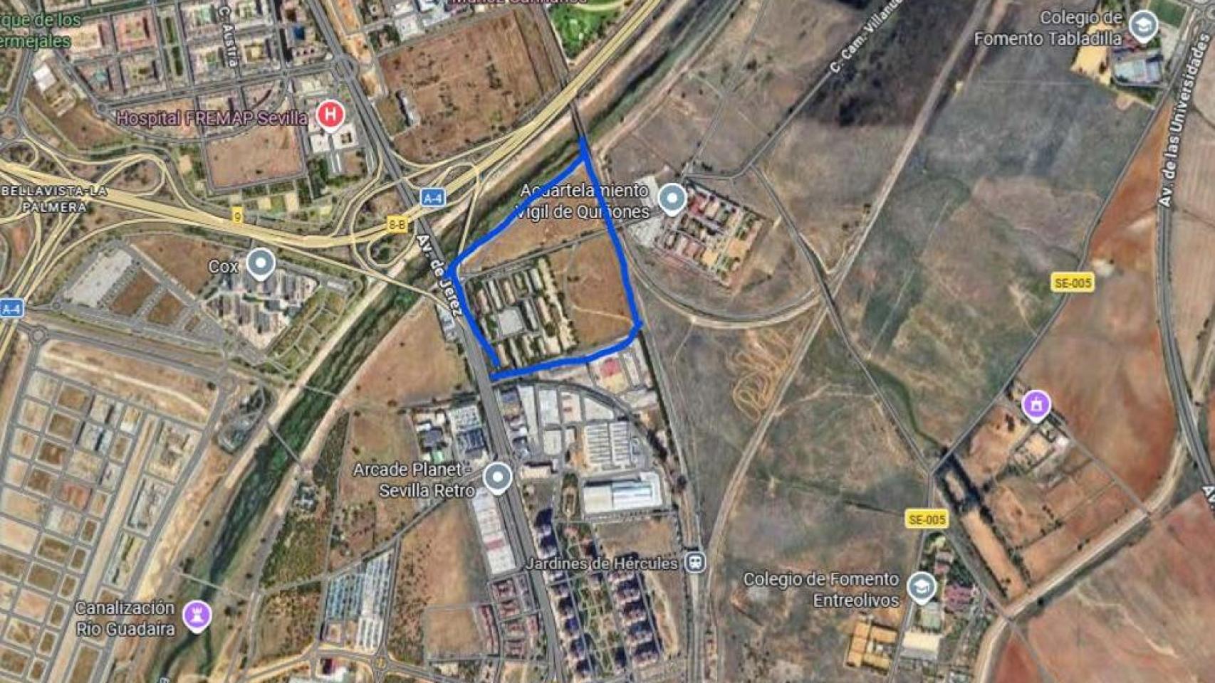 Ubicación del antiguo cuartel Alfonso XIII y las dos parcelas. 