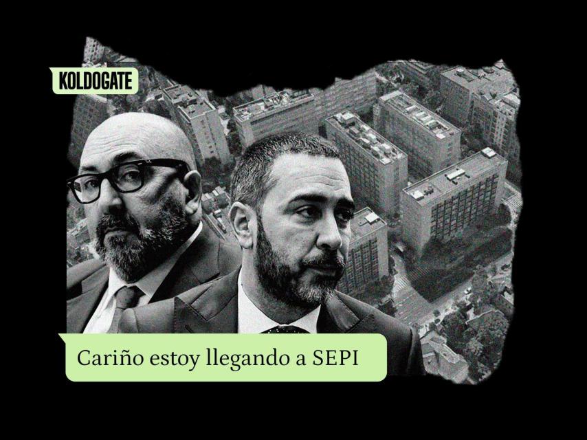 Koldo García, Víctor de Aldama y el complejo Campos Velázquez, propiedad de la SEPI en Madrid, junto a un mensaje de Patricia Úriz.