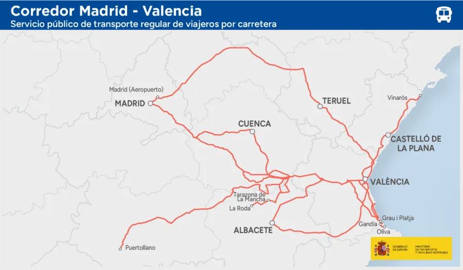 Mapa del nuevo corredor Madrid-Valencia que discurre por 71 municipios de Castilla-La Mancha.
