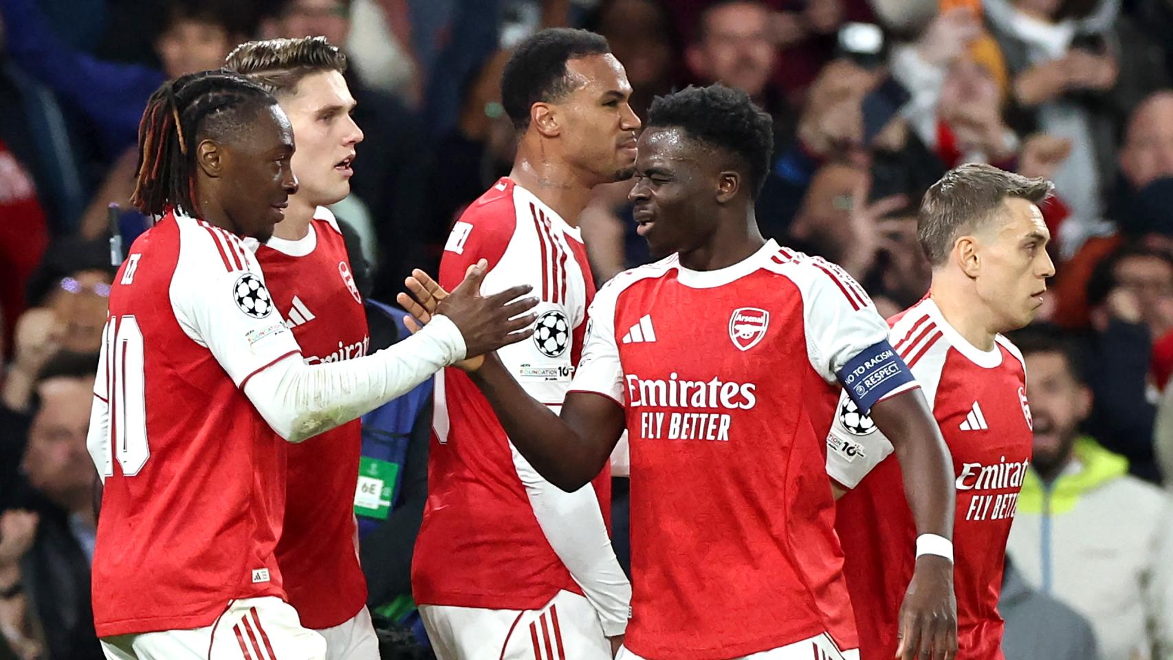 Saka celebra el gol del Arsenal en las semifinales ante el Atlético de Madrid. 