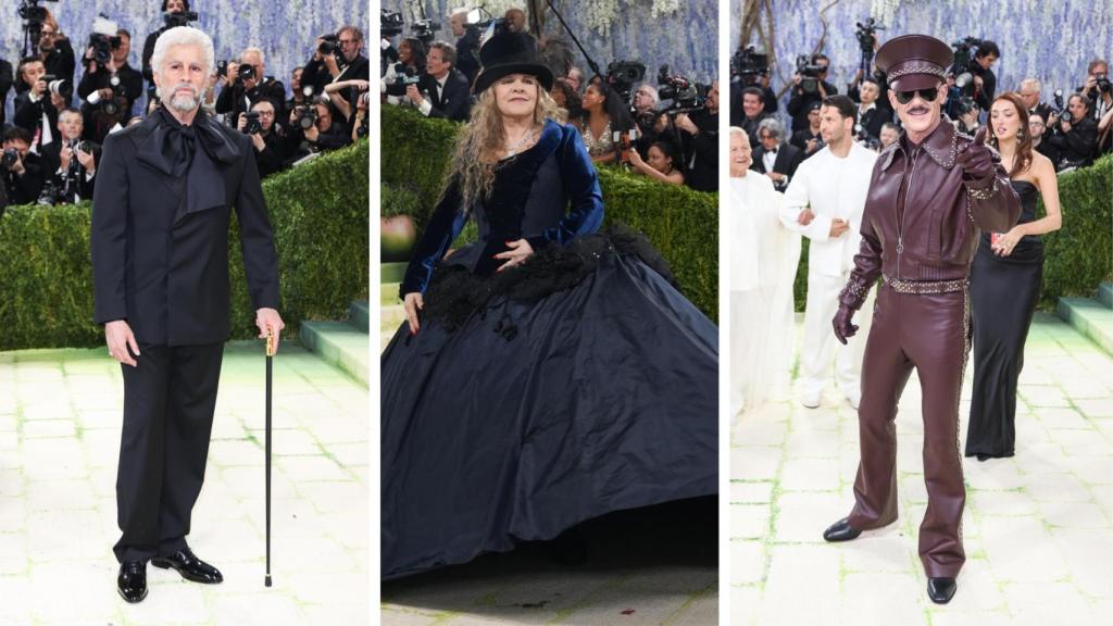 En la imagen, Bad Bunny con un diseño que ha creado con Zara; Stevie Nicks con una propuesta de Galliano para la empresa gallega; y Luke Evans, con un set de cuero de Palomo Spain.