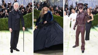 En la imagen, Bad Bunny con un diseño que ha creado con Zara; Stevie Nicks con una propuesta de Galliano para la empresa gallega; y Luke Evans, con un set de cuero de Palomo Spain.