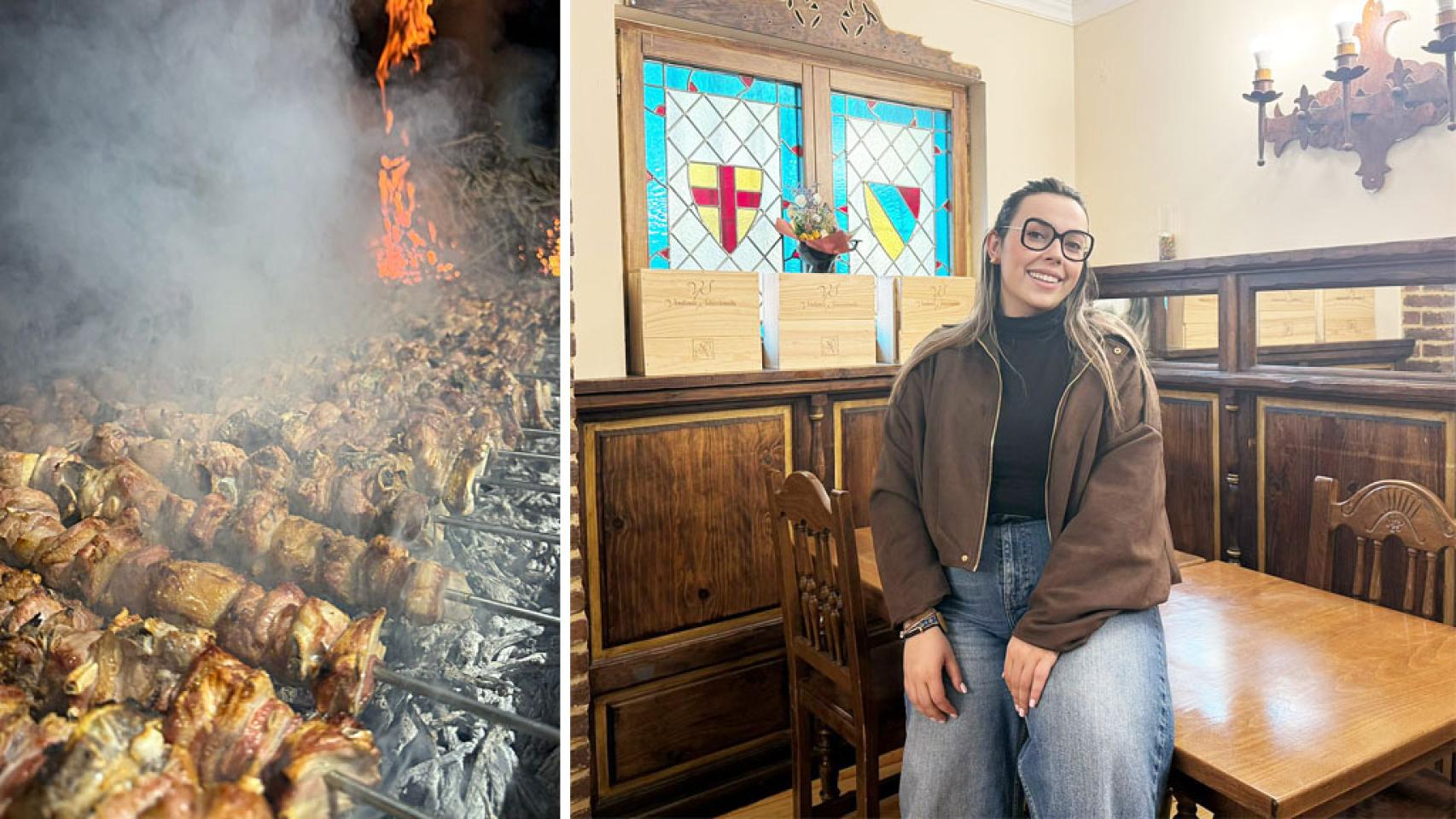 Lucía Soto Arranz a la derecha y uno de los famosos pinchos de lechazo de El Lagar de Traspinedo