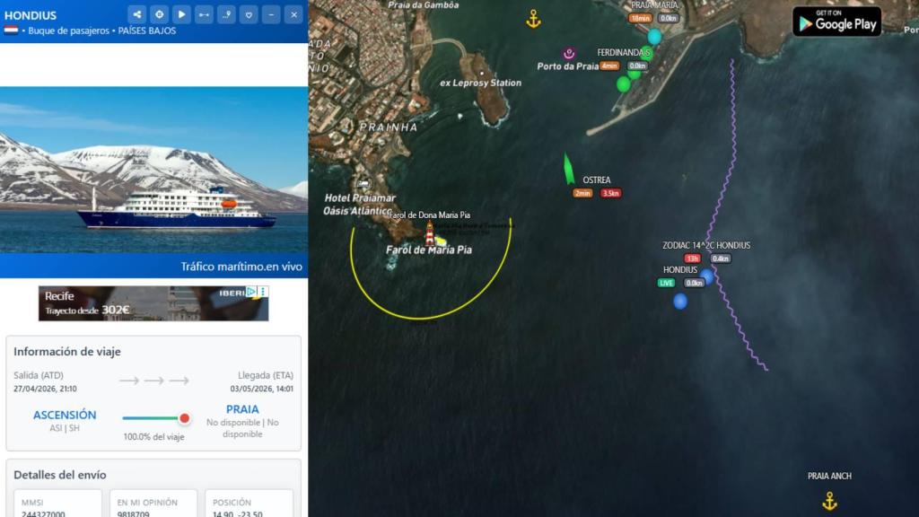 La posición del MV Hondius en directo desde Marine Traffic.