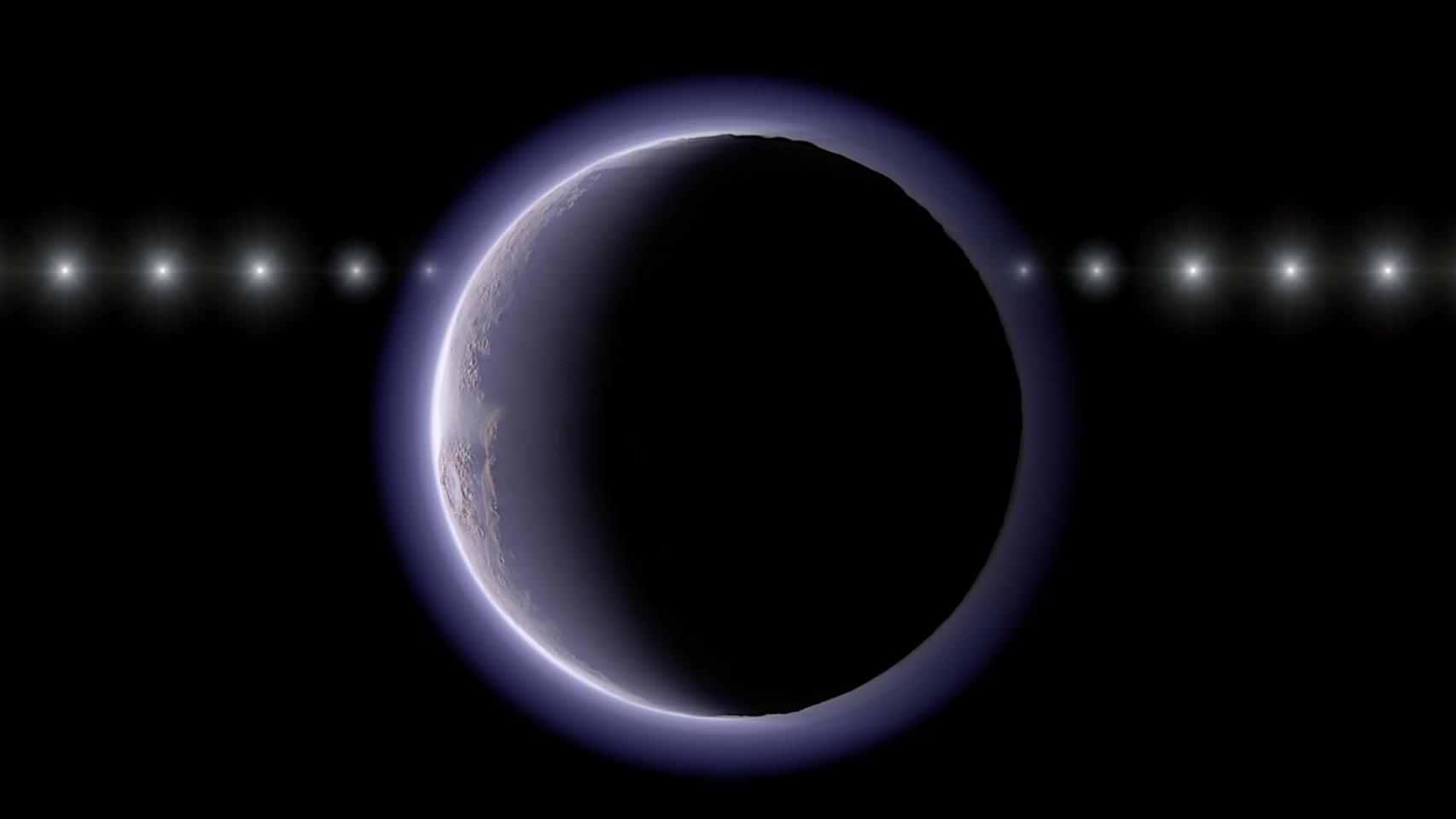 Representación artística de esta investigación que muestra una secuencia temporal imaginaria del paso de una estrella por detrás de un objeto transneptuniano con atmósfera..