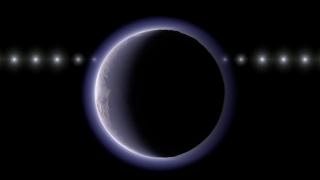 Representación artística de esta investigación que muestra una secuencia temporal imaginaria del paso de una estrella por detrás de un objeto transneptuniano con atmósfera..