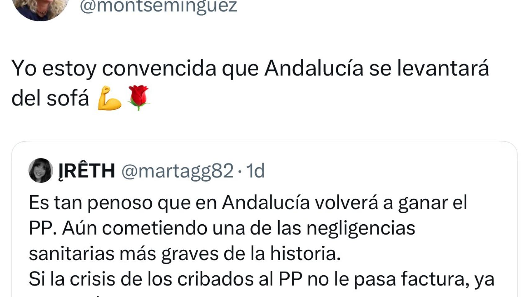 Tuit lanzado por Montse Mínguez en la red social X. 