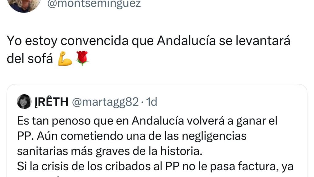 Tuit lanzado por Montse Mínguez en la red social X. 