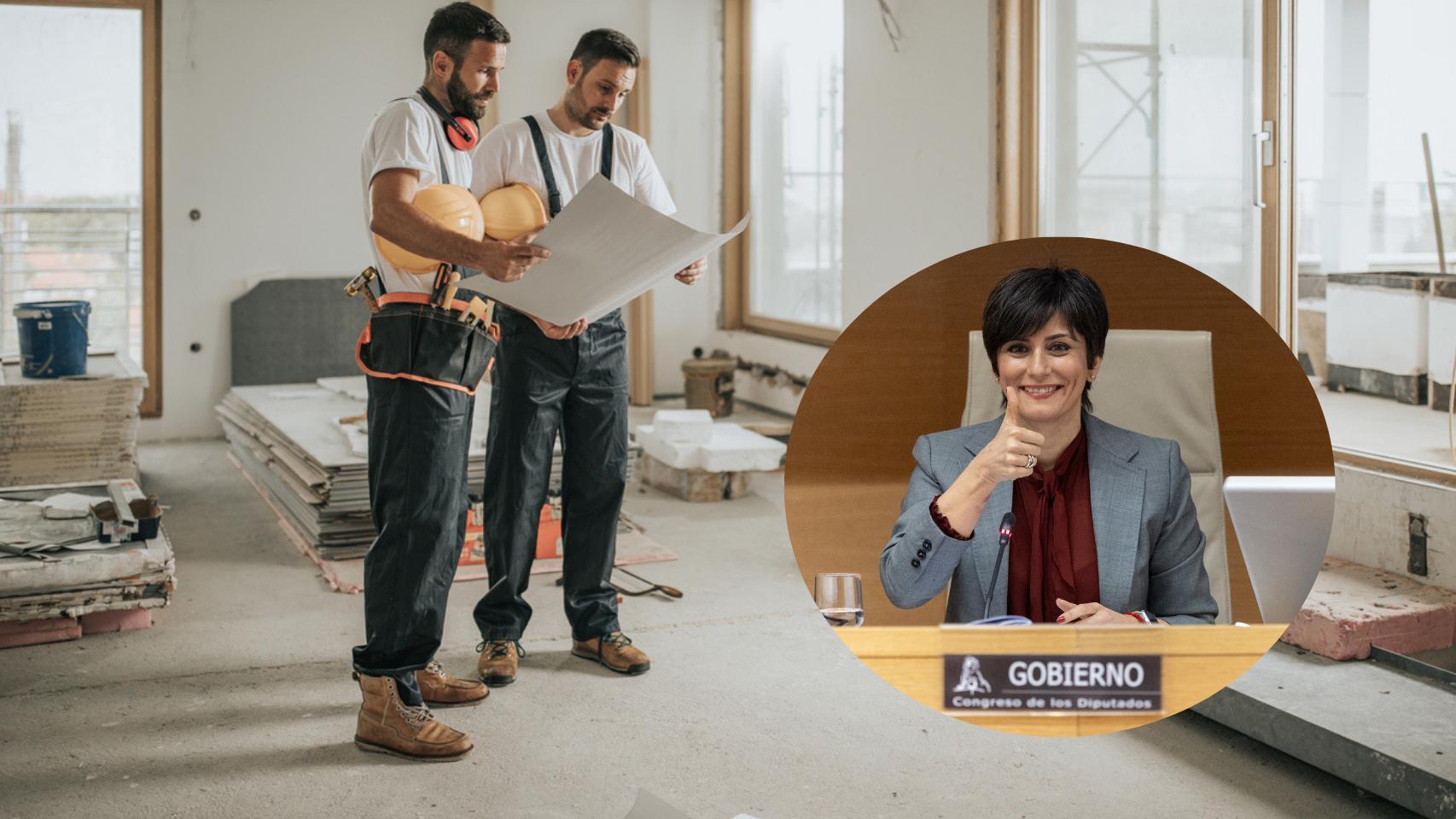 Montaje de dos obreros rehabilitando una casa e Isabel Rodríguez, ministra de Vivienda