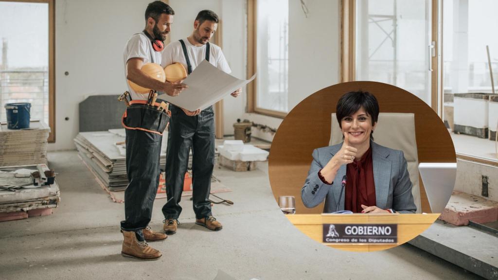 Montaje de dos obreros rehabilitando una casa e Isabel Rodríguez, ministra de Vivienda