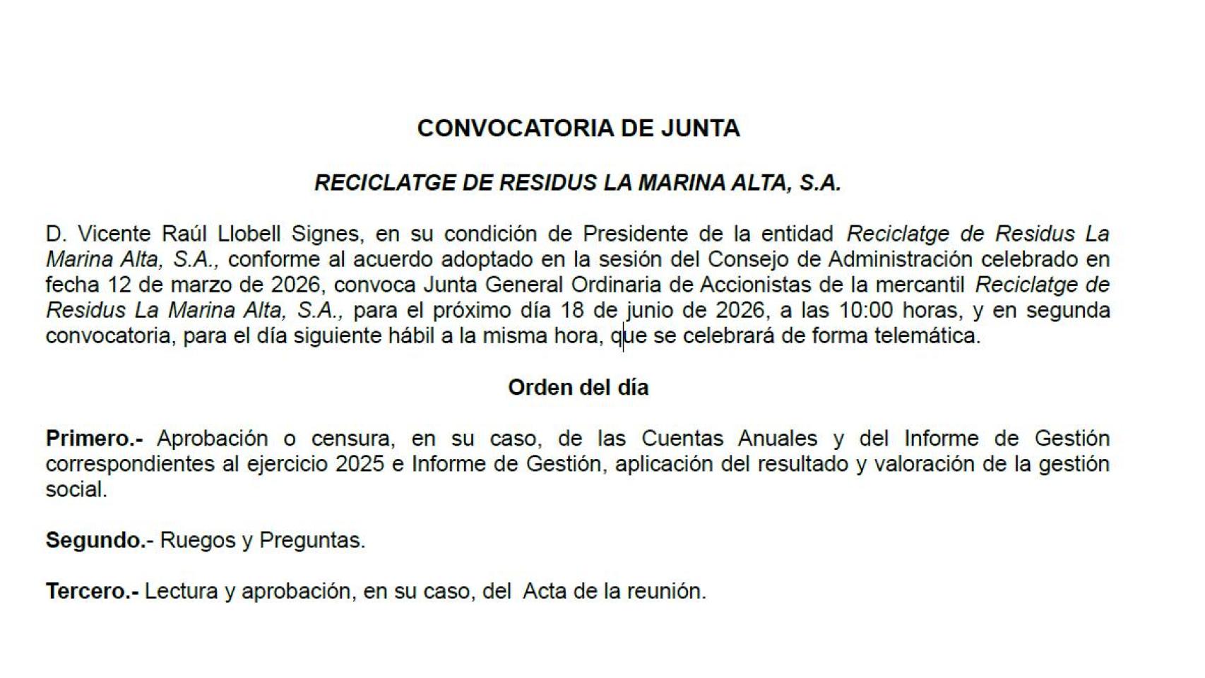 Junta de accionistas. EE