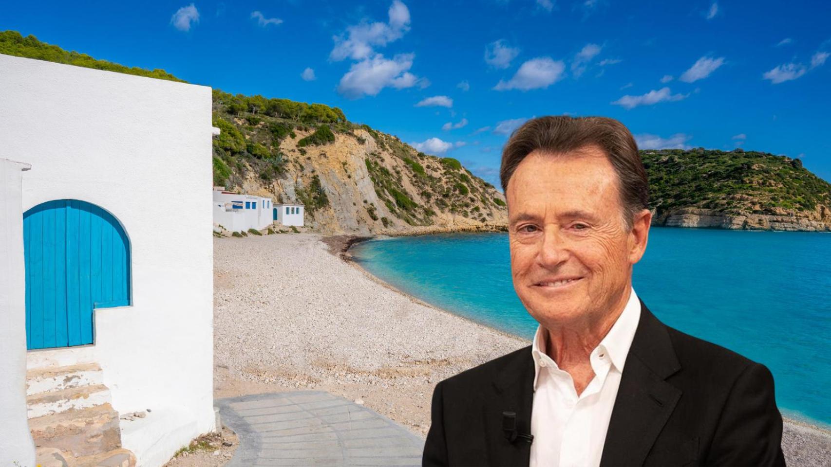 El presentador Matías Prats con la famosa Cala Portitxol de Jávea en un montaje de elaboración propia.