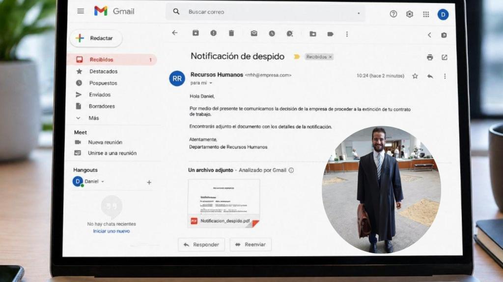 Montaje de Daniel Villalba con un email comunicando un despido.