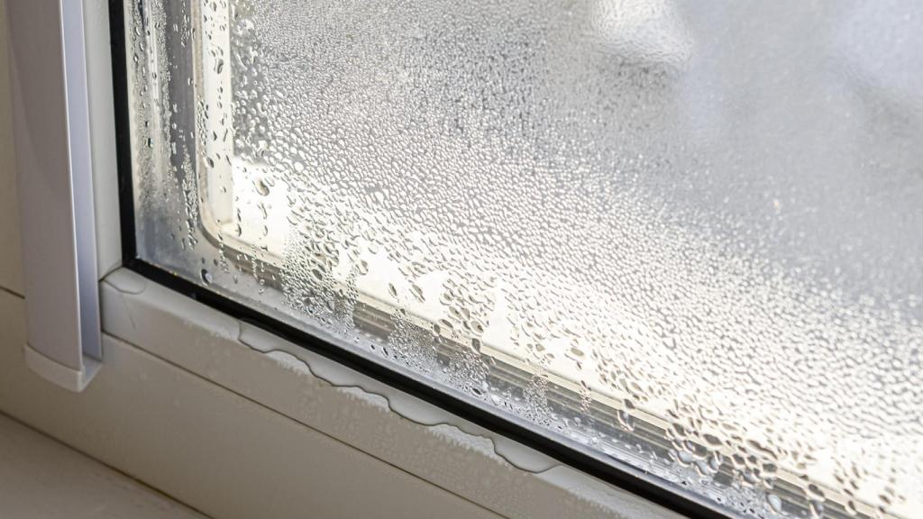 Gotas de condensación acumuladas en una ventana.
